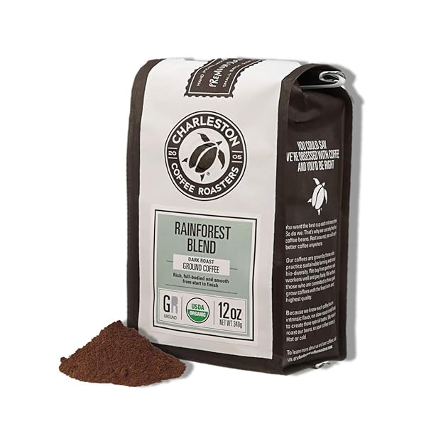 CHARLESTON COFFEE ROASTERS | SPECIALTY ORGANIC GROUND COFFEE | HAND PICKED, PREMIUM SLOW ROAST (RAINFOREST BLEND, DARK ROAST) 12OZ