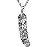 Moolee Mens Feather Pendant Necklace with Stainless Steel Link Chain