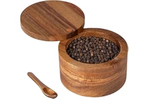 Acacia Wood Salt Cellar Bowl Box, 6oz - Elegant Kitchen Salt Container with Swivel Magnetic Lid, Ideal for Storing Spices, Pe