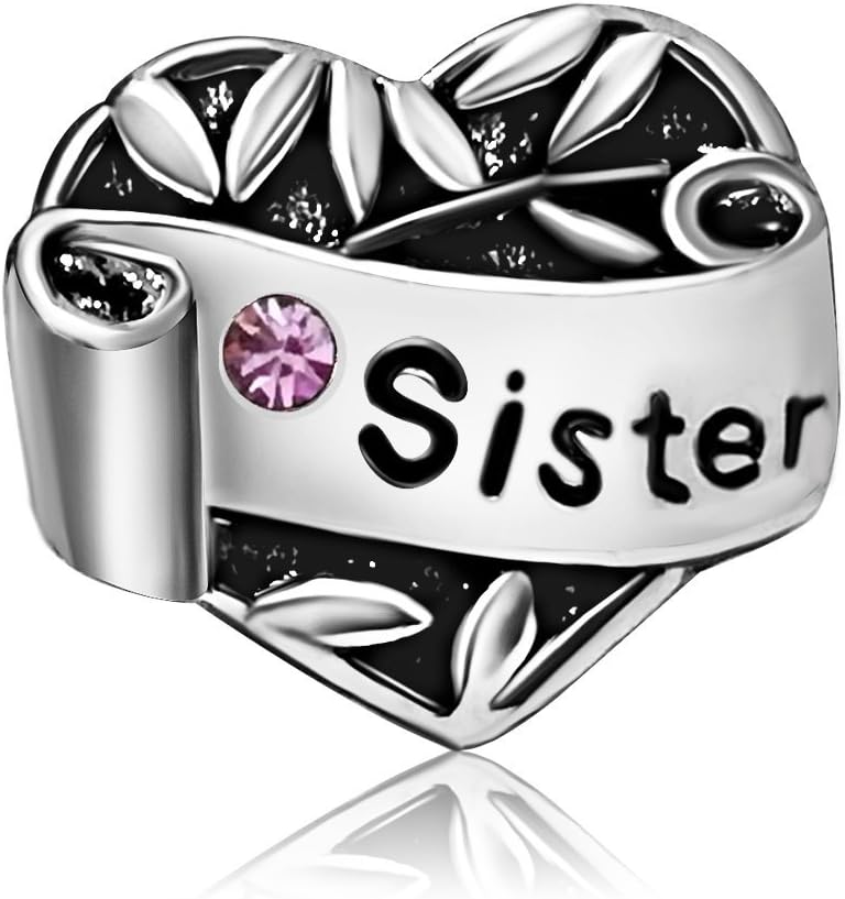 Sister I Love You Heart Birthstone Bead Charms for Bracelets Necklace Birthday Gift for Women Girls
