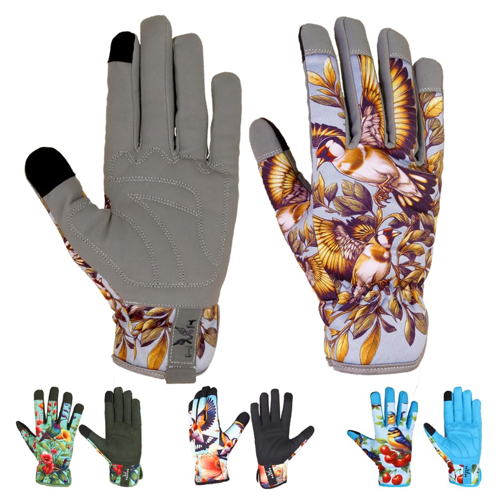HMH Gardening Gloves for Women - Ladies Garden Gloves with Touchscreen Finger, Work Gloves for Yard, Garden, Cleaning, Camping, Landscaping, Safety (D-Sparrow, XL)