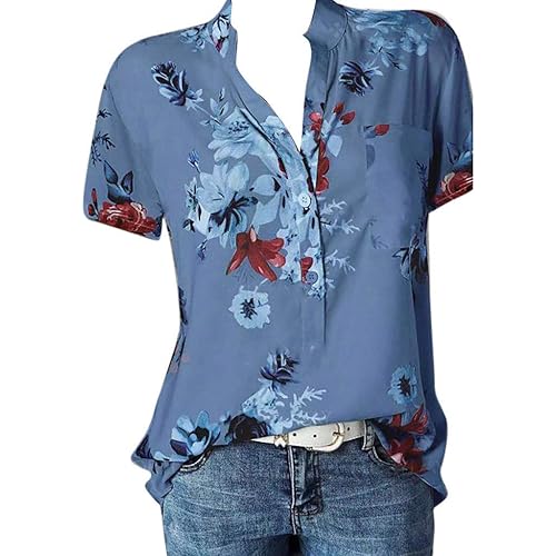 Tops for Women Summer,Blouse Shirts Floral Print V Neck Button Pocket Short Sleeve Summer Vintage Elegant Casual Tops
