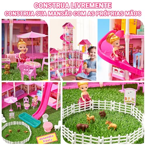 Casa de Boneca, 128cm*70cm*50cm, Casinha de Boneca, Castelo Da Princesa 364 Peças, 6º Andar, 19 Quartos, 2 Varandas com Pasto