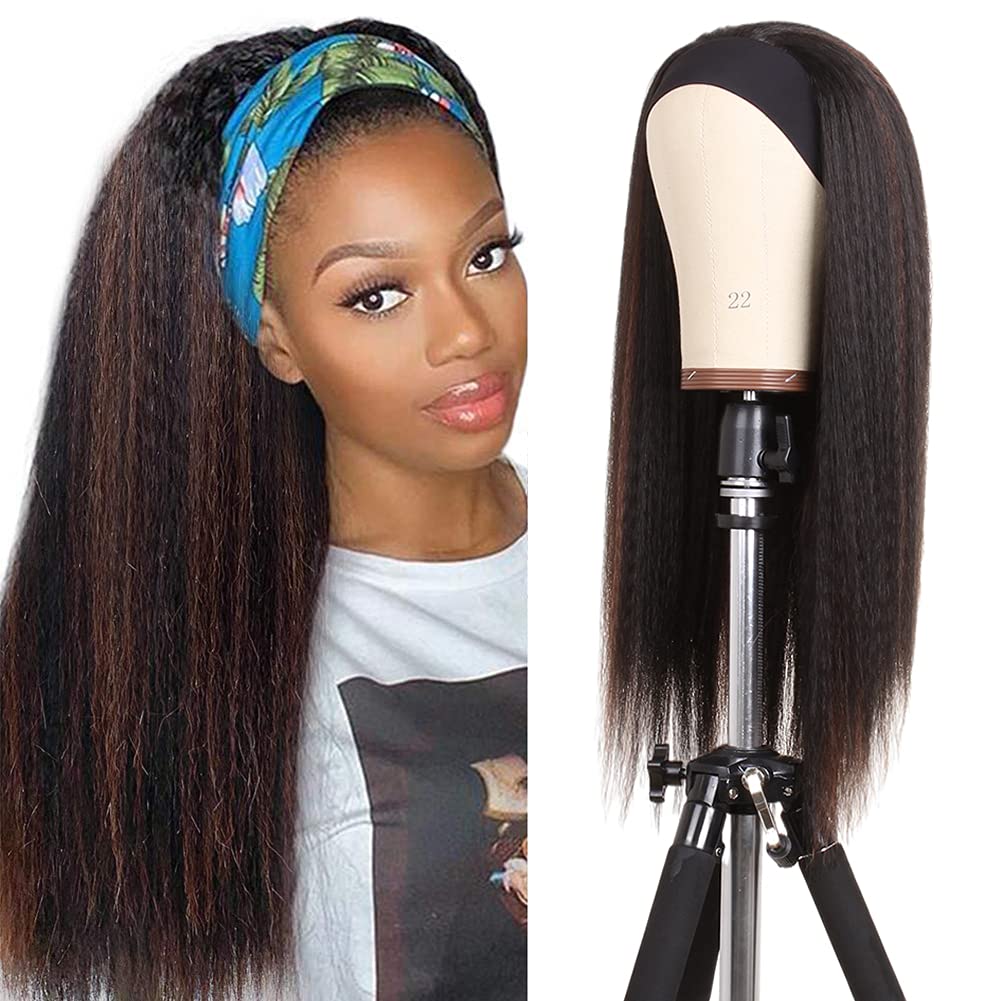 Xtrend 22 Inch Kinky Straight Yaki Headband Wig Long Straight Yaki Synthetic Black Mixed Brown Hair Natural Looking Headband Attached Glueless Wigs Easy to Wear for Black Women 1B30#