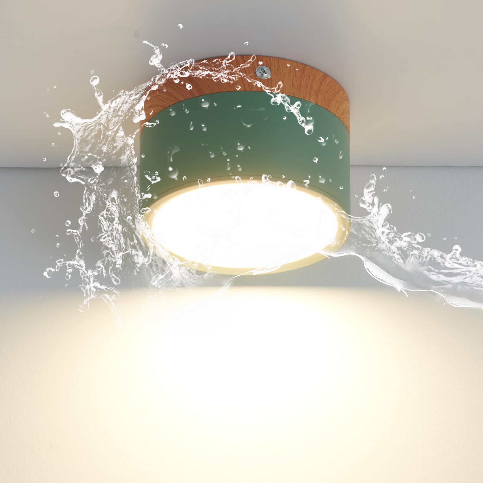 Schindora LED Ceiling Light,Surface-Mounted Wood Decor Spotlight,Mini Round Green Ceiling lamp,Warm White 3000K,12W.