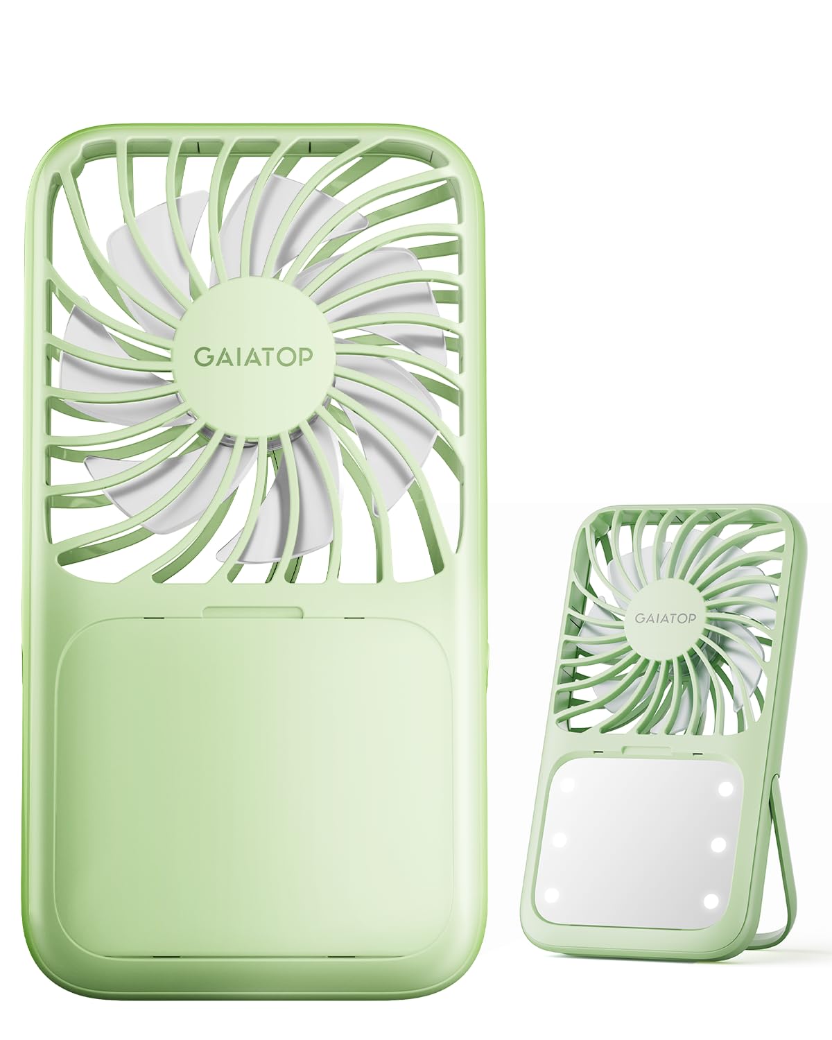 Gaiatop Portable Handheld Fan, 3 Speed LED Makeup Mirror with Light, Folding Stand for Desktop, Rechargeable Mini Personal Fans Small Travel Essentials Gifts for Women Girls