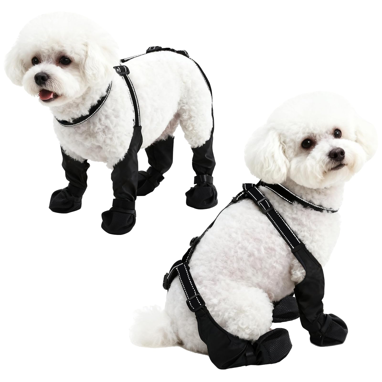 Photo 1 of BECROWM Waterproof Dog Boots for Small/Medium Dogs -Dog Paw Protectors Dog Suspender Boots Anti-Slip Pet Shoes for Outdoor Walking, Reflective Stay-On,Dirt-Proof Comfortable Booties (Black, Small)