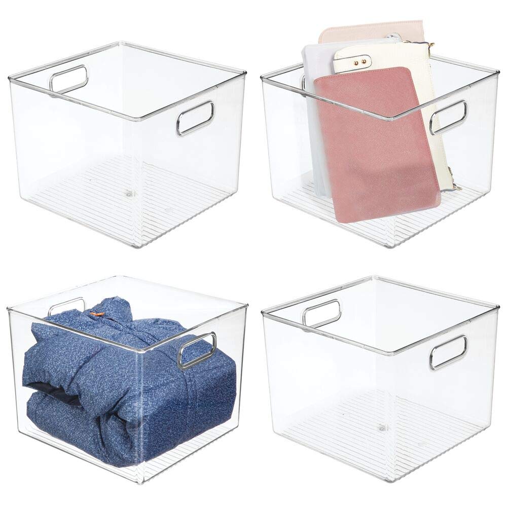 mDesign Plastic Storage Bin Box - Closet Organizer for Kids Bedroom, Bathroom, Kitchen Pantry, Home Office, Entryway, Hallway - Perfect for Shelves, Cabinets, Under Sink, 7.5" High, 4 Pack - Clear