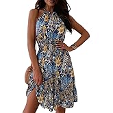 CHICME Women Summer Sleeveless Halter Neck Dresses Floral Print Short Dress Casual Sun Dresses Flowy Boho Dresses