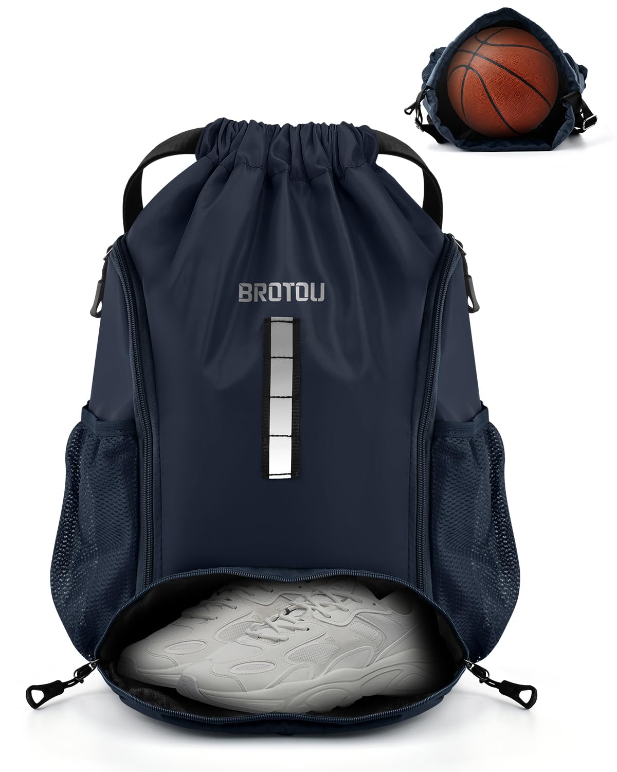 BROTOU Waterproof Drawstring Sports Backpack, Unisex PE Backpack Gym Bag with Large Shoe Bag, for Football, Basketball, Volleyball (Dark Blue)