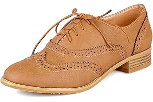 SHEMEE Women's Patent Leather Low Heels Vintage Wingtip Oxfords Pumps Lace Up Pointed Toe Flat Retro Brogues Dress Shoes