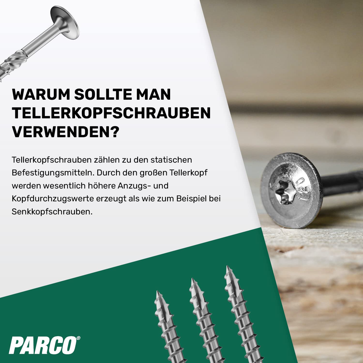 PARCO Tellerkopfschrauben, 100 Stück, 6x40 mm TX40 Verzinkt, CUT-Spitze, Holzbauschrauben für Konstruktionen, German Quality mit ETA Zulassung 5