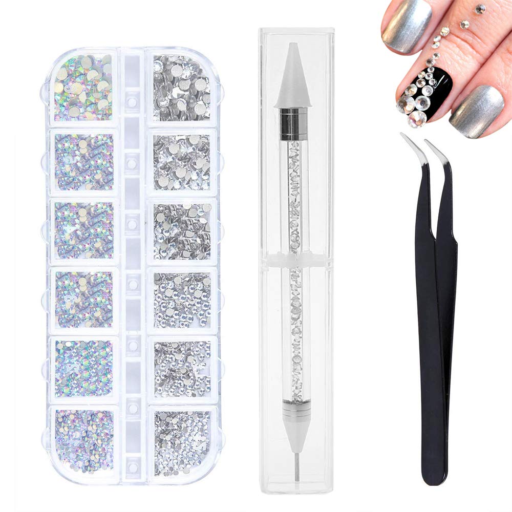 Ealicere 1440 Stück ​​6 Größen Kristall Crystal Strasssteine Nail Art Strasssteine ​​ mit Pick Up Pinzette und Strass Picker Dotting Pen, Für Nagellack, Bekleidung, DIY Handwerk