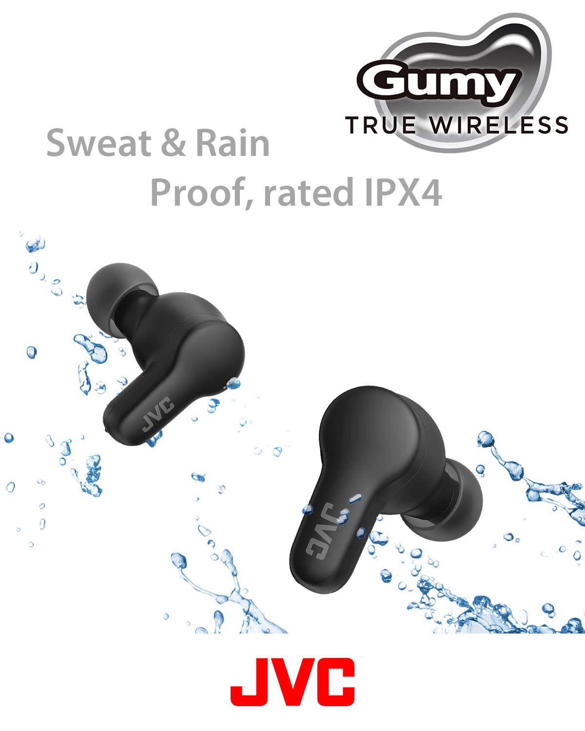 JVC Gumy True Wireless Earbuds, Bluetooth 5.3, Charging Case, 24-Hour Playback, IPX4 Water Resistant, Comfortable Secure Fit with XS/S/M/L Earpieces, Built-in Mic for Calls, iPhone/Android/PC - HAA7T2