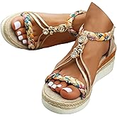 Women's Rhinestone Open Toe High Heel Roman Summer Platform Sandals Summer Low Wedges Comfortable Open Toe Sandals Elastic Ankle Strap Beach Walking Sandals