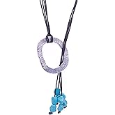 NILUXE DESIGN -Women’s Pendant with Leather and Natural Turquoise Stones – Large Tibetan Silver Ring with Antique Finish and Brown Leather – Long Women’s Necklace – Elegant Vintage Boho Style