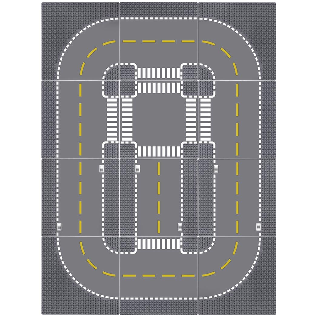 Lekebaby 12 Pack Road Base Plates 10x10 City Street Baseplates, 4 Curve / 4 T Junction / 3 Straight / 1 Junction, Compatible with Major Brands Image
