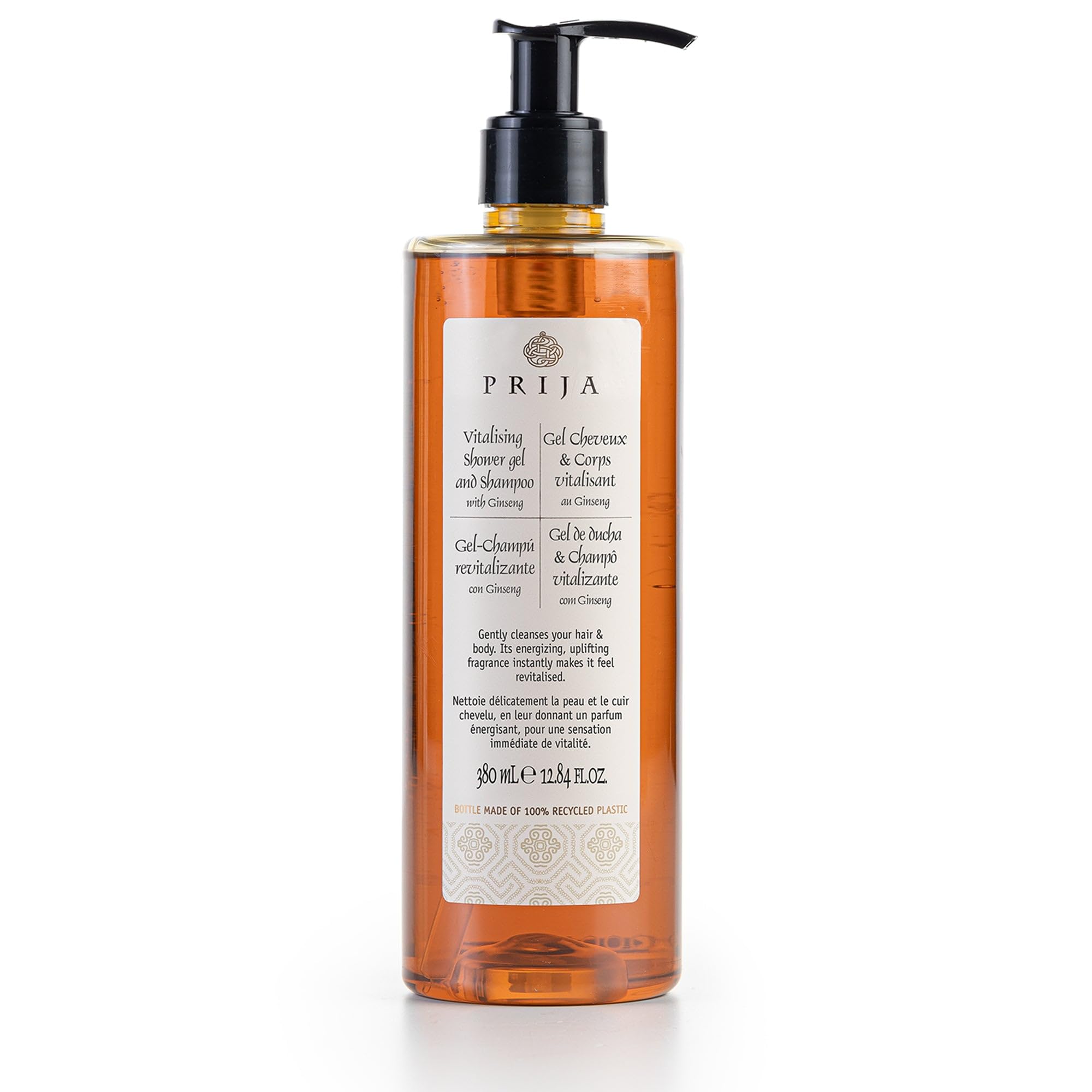 Prija Vitalising Shower Gel and Shampoo with Ginseng Extract, Hydrating and Energising Body and Hair Wash Gel with Pump Dispenser, Luxurious Shower Gel 380ml
