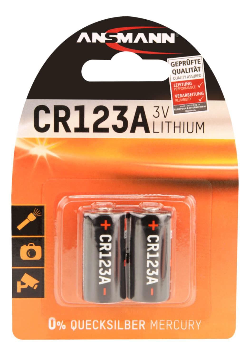ANSMANN CR123A Lithium Battery (Pack of 2), designed for use in Arlo cameras, sensors, keyless locks, photo flash and flashlights