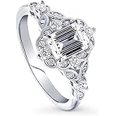 BERRICLE Sterling Silver Halo Art Deco Wedding Engagement Promise Rings for Her, Step Emerald Cut Cubic Zirconia CZ Ring