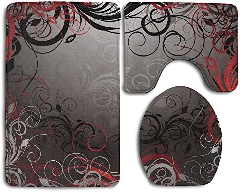 SarahKen Bathroom Rug Red And Black Mystic Magical Forest Inspired Floral Swirls Leaves 3 Piece Bath Mat Set Contour Rug And Lid Cover