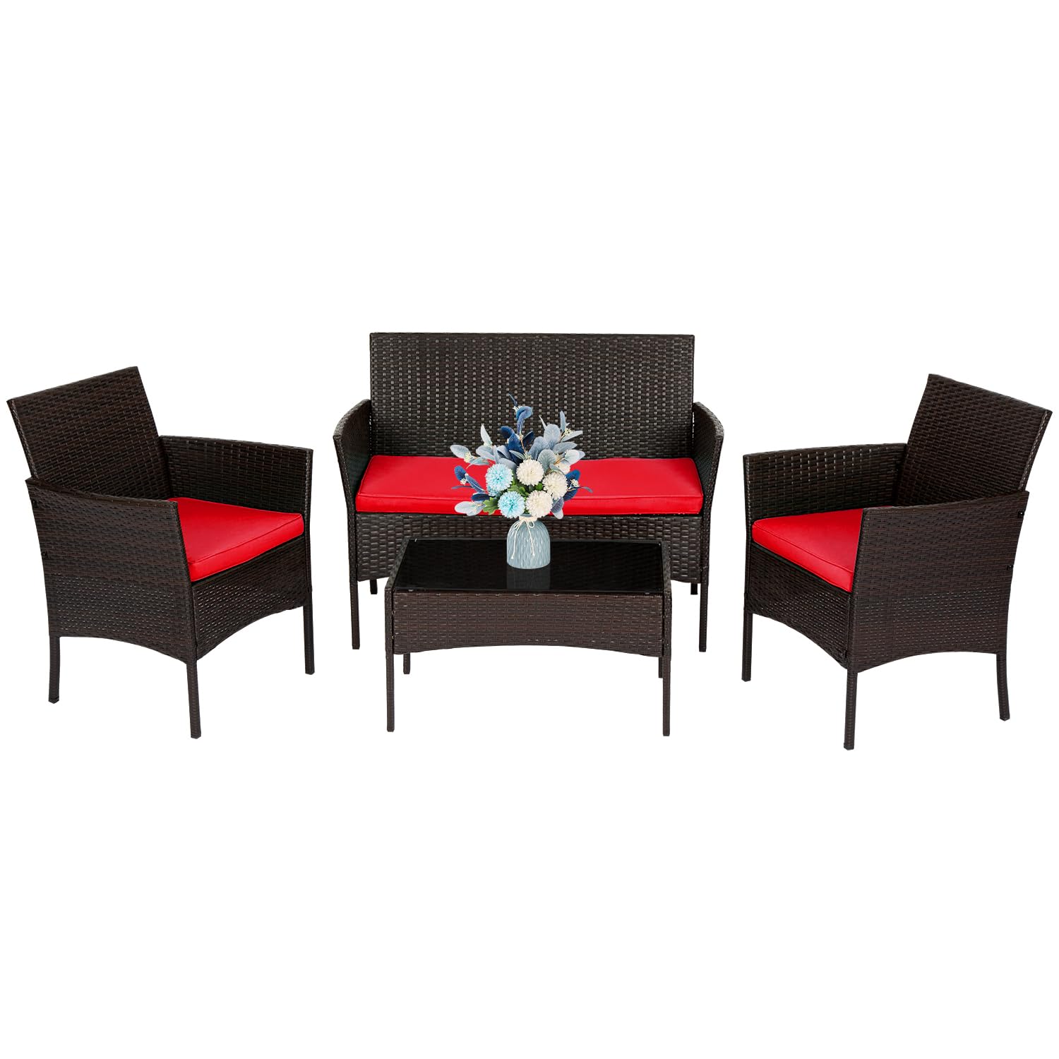 Photo 1 of *partial set !**FDW 4 Pieces Wicker Patio Conversation Set Patio Furniture Set with Rattan Chair Loveseats Coffee Table for Outdoor Indoor Garden Backyard Porch Poolside Balcony,Brown Wicker/Red Cushions