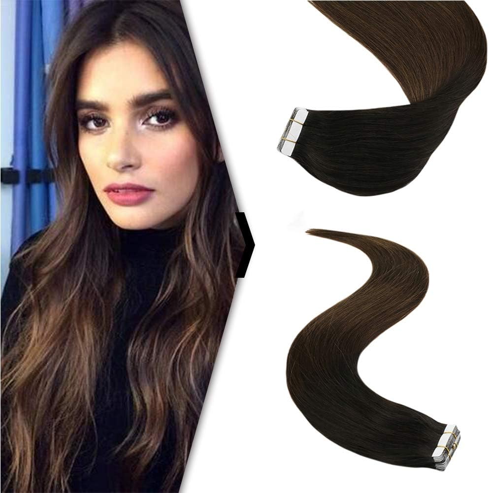 YoungSee Real Hair Tape in Extensions Ombre Natural Black to Dark Brown Remy Real Hair Skin Weft Tape Hair Extensions 20pcs/50g 24inch