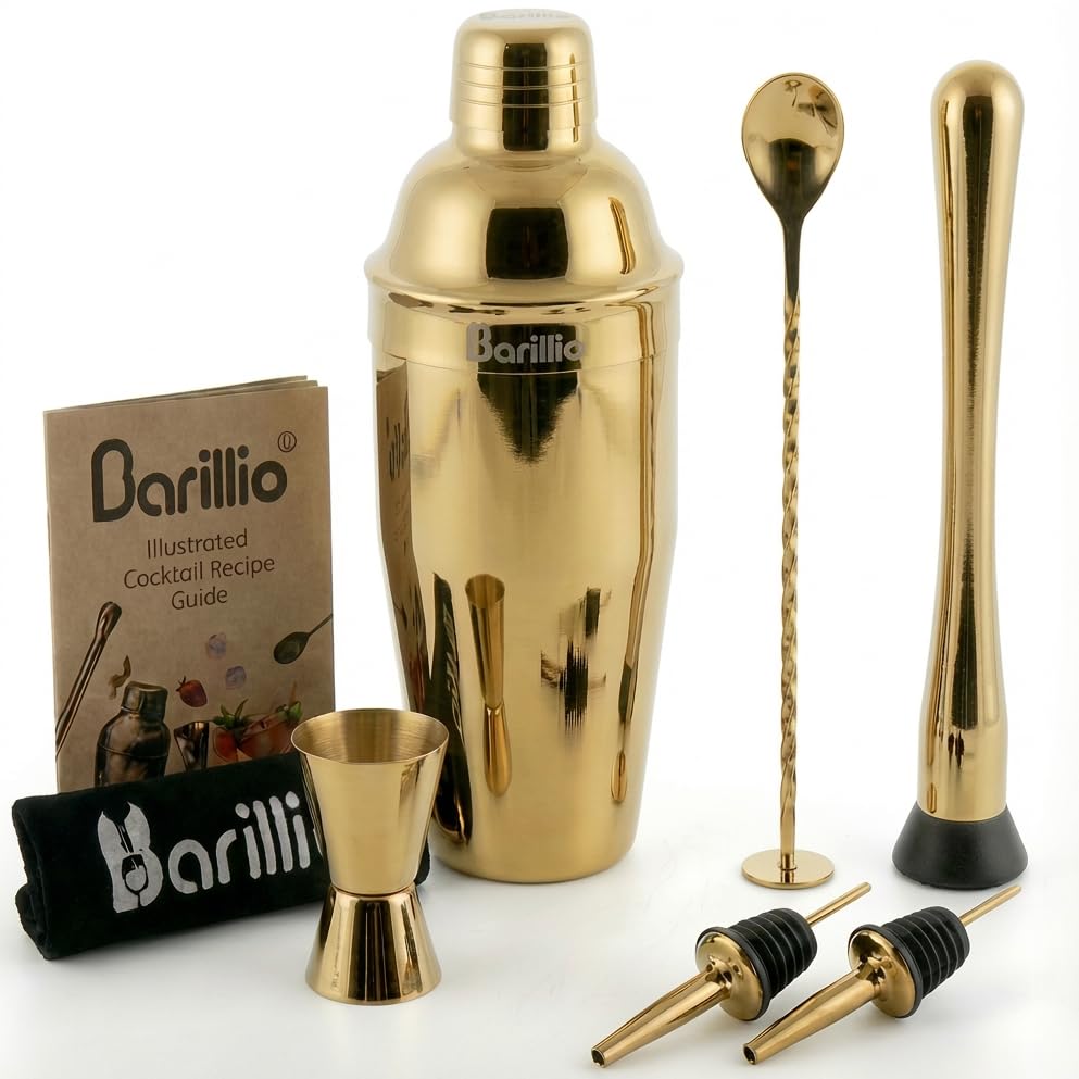 BARILLIO Gold Cocktail Shaker Set Bartender Kit by : 24 oz Stainless Steel Martini Mixer, Muddler, Mixing Spoon, Jigger, 2 Liquor pourers, Velvet Bag, Recipes Booklet & eBook…