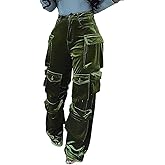 LKOUS Women's Velvet Cargo Pants Stretchy High Waist Straight Leg Casual Baggy Solid Y2K Trousers with Multiple Pockets