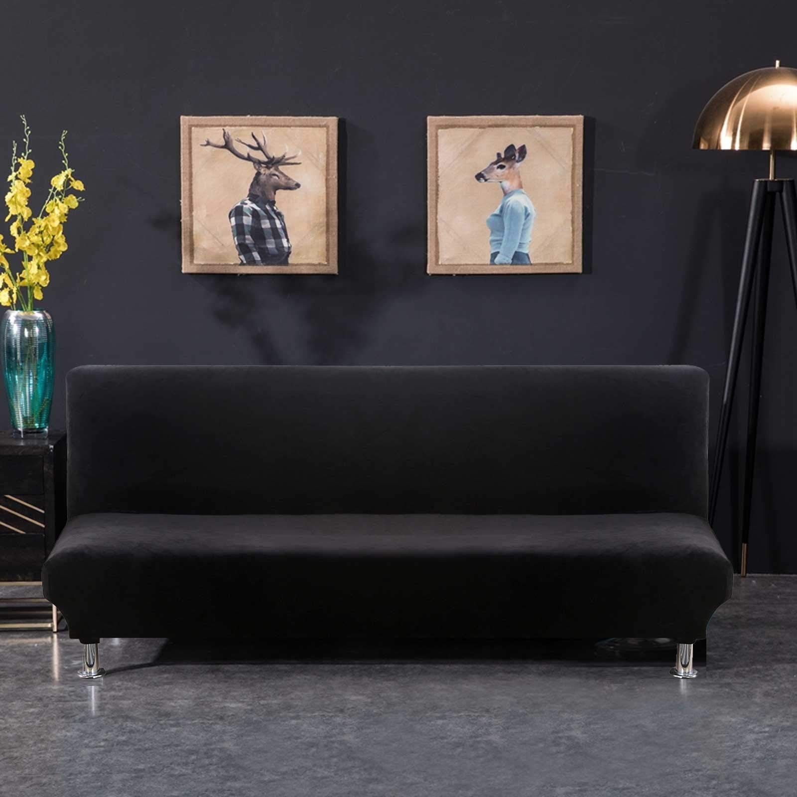 PETCUTE Armless sofa cover stretch futon cover armless folding sofa bed cover velvet Black