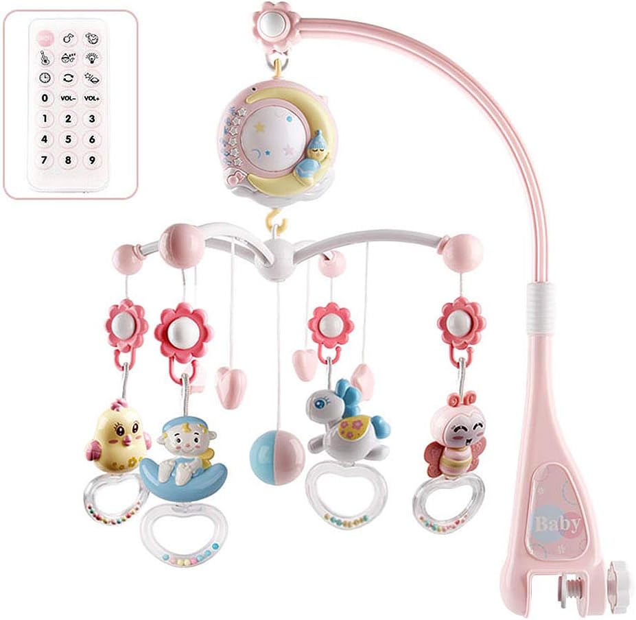 Asdomo Baby Musical Crib Mobile with Lights and Music, Stand, Remote Control Rotating Musical Crib with Projector, Hanging Rattles and Remote Control Music Box, Toy for Newborn