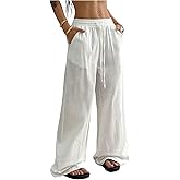 RoseSeek Women's Boho Wide Leg Linen Pants Drawstring Waist Casual Loose Trousers Vacation Outfits