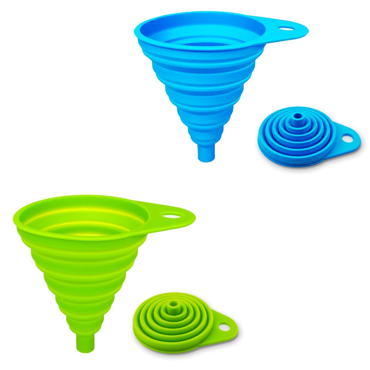 ddLUCK 2 Pack Silicone Collapsible Funnel, Flexible/Foldable/Kitchen Funnel for Water Bottle Liquid Transfer Narrow and Wide Mouth Funnels Hopper(Green and Blue)
