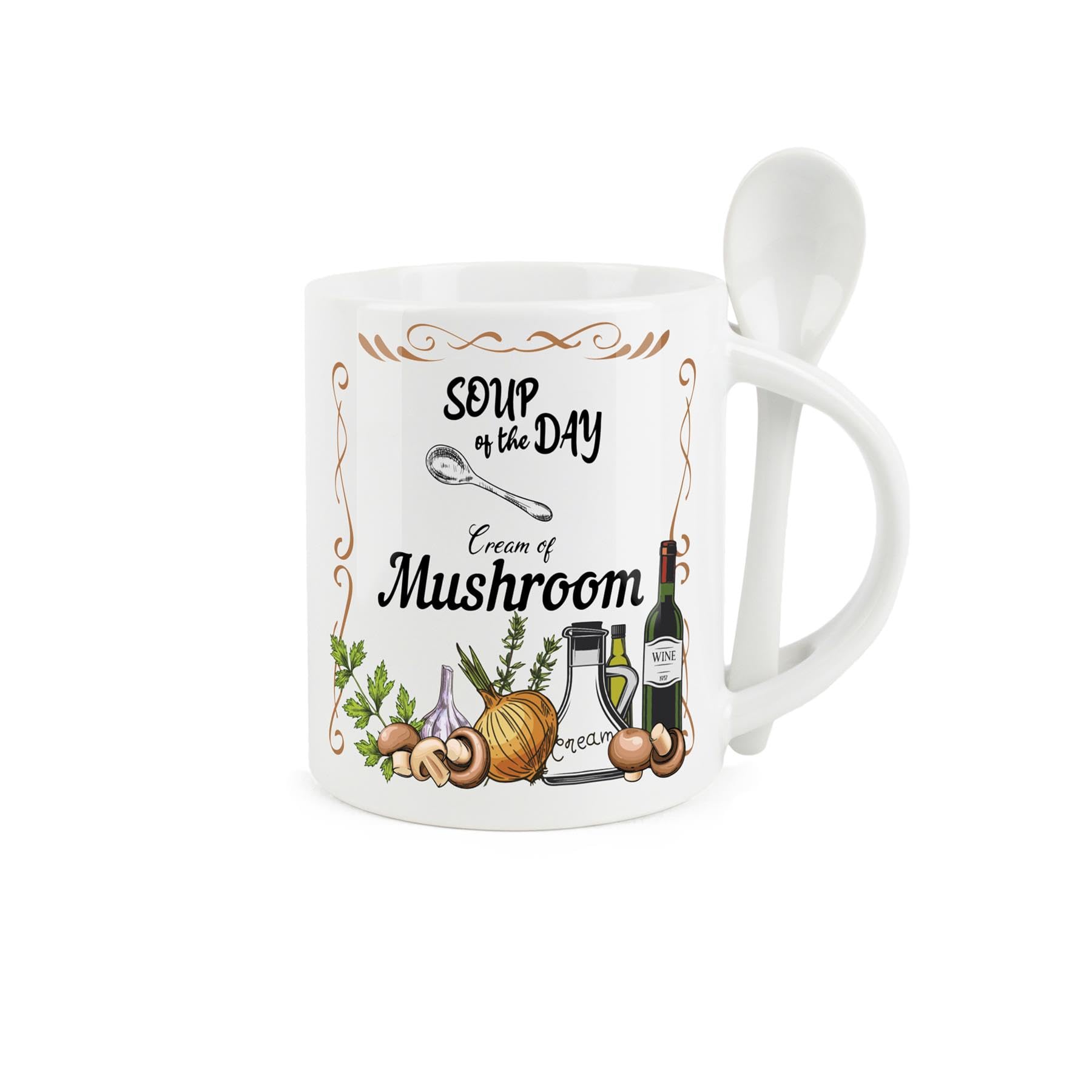 Purely Home Soup Mug and Spoon Set - Cream of Mushroom Soup of The Day - Ceramic White Soup Mug with Spoon in Handle