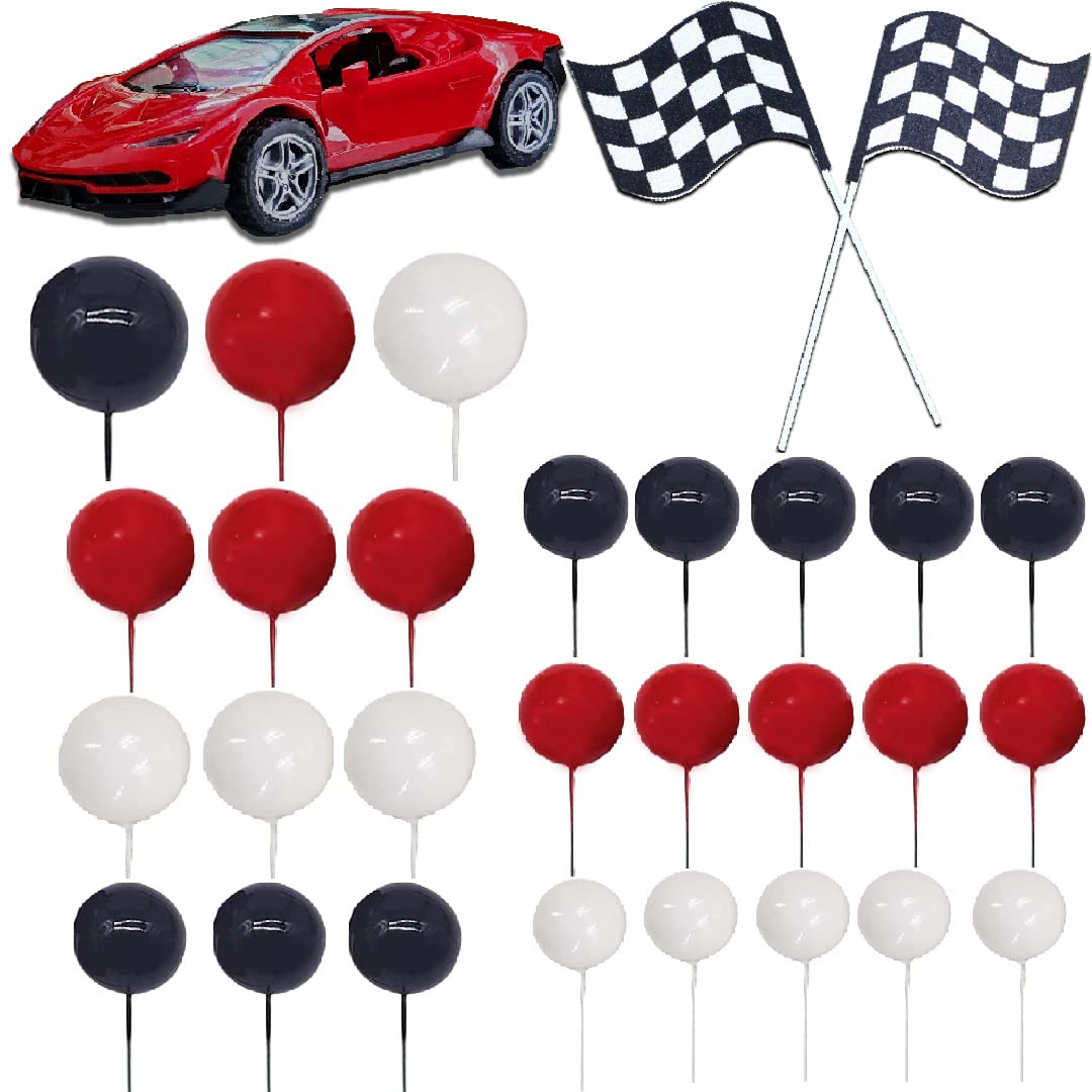 Photo 1 of 30PCS Race Car Cake Toppers Checkered Flag Race Car Birthday Decoration with Red Black White Balls Race Car Checkered Flag for Race Car Themed Birthday Party(Red)