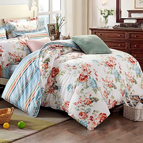 200TC [farmhouse style] Pure cotton Plants and flowers Duvet Cover Set 4 Pieces(1Duvet cover 1Flat sheets 2Pillow)-K Queen1