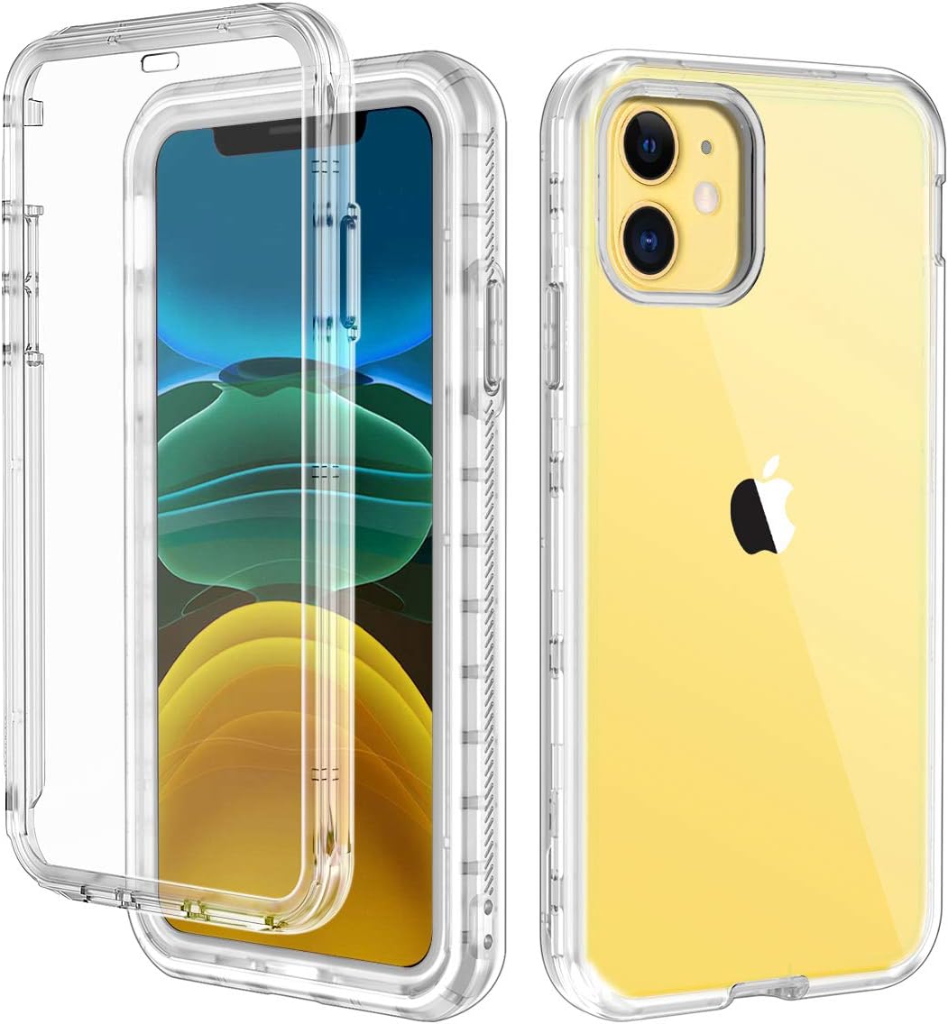 LONTECT Compatible iPhone 11 Case Built-in Screen Protector Crystal Clear Heavy Duty Shockproof Hybrid PC+Soft TPU Full Body Protective Case Cover for Apple iPhone 11 6.1 2019, Transparent
