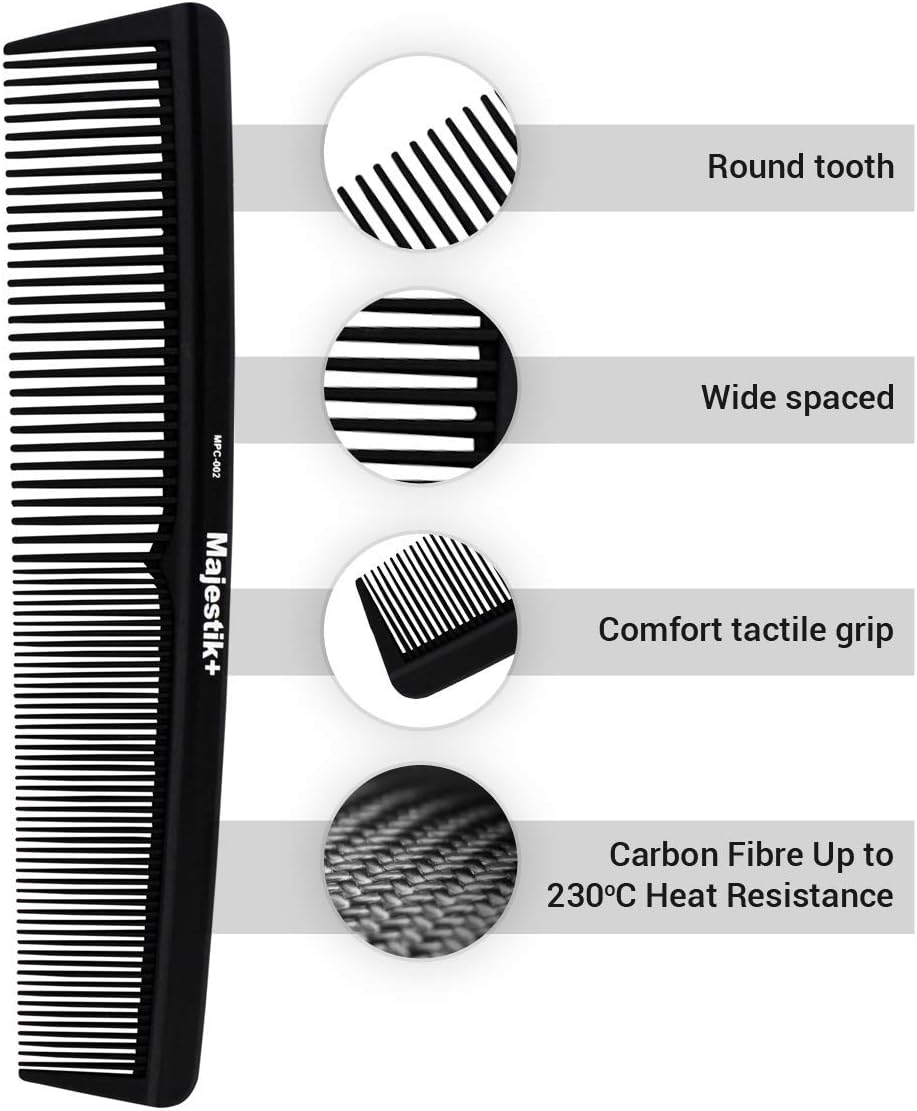 Hair Comb Black Professional Hairdressing Carbon Fiber Comb Master Barber and Salon Anti Static Heat Resistant Strong & Durable Medium and Fine Tooth By Majestik+ - Image 3