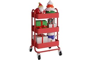 Elitehouse 3-Tier Red Utility Rolling Cart,Kitchen Storage Carts with Wheels,Red Metal Rolling Cart for Office,Home,Kitchen,Garden（13.4"x18.1"x31"） Red