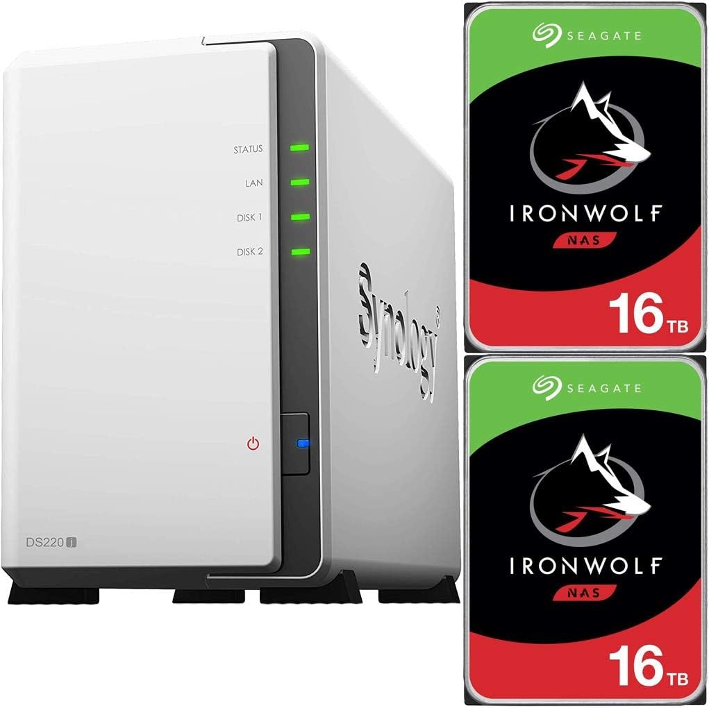 DS220j 2-Bay DiskStation Bundle with 32TB (2x16TB) of Seagate Ironwolf NAS Drives Fully Assembled and Tested by CustomTechSales