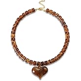 Hclian Brown Acrylic Puff Heart Pendant Necklace for Women Exaggerated Statement Chunky Resin Beaded Strand Necklace Fashion Jewelry Gift