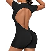 SEASUM Open Back Zip-Up Yoga Backless Romper Workout Jumpsuit | Open back,Zip front,Sleeveless&amp;Short sleeve,Bodycon shorts,High stretch,Squat-proof,Gym yoga athletic