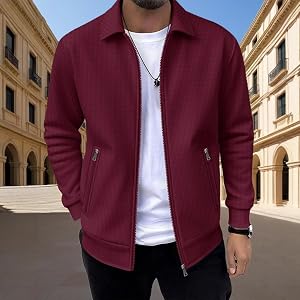 Men's Waffle Knit Full Zip Jacket Casual Lapel Collar Lightweight Transitional Coat With Zipper Pockets For Spring Fall