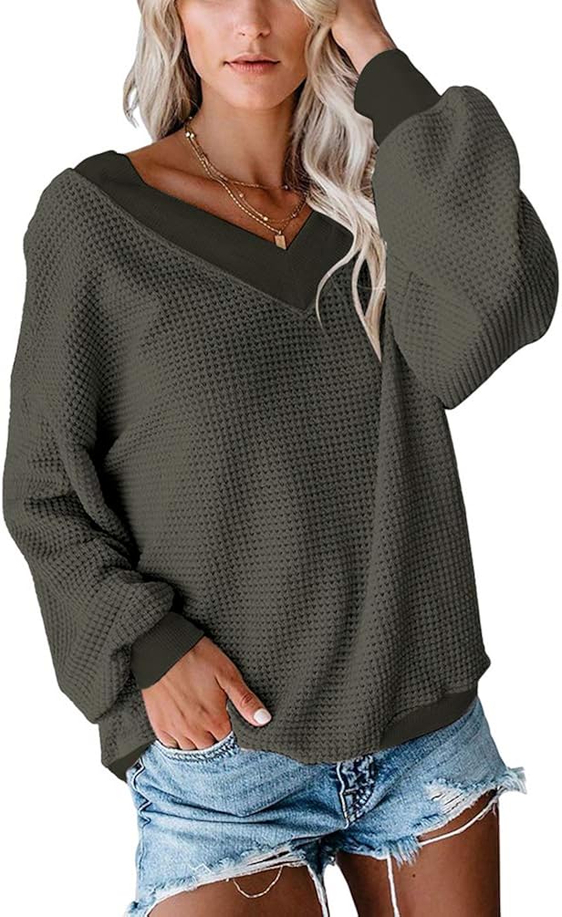 Runyue Womens Cozy Waffle V Neck Sweatshirt Knitted Pullover Sweater
