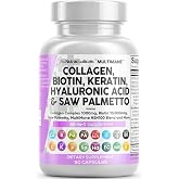 Clean Nutraceuticals Collagen Pills 1000mg Biotin 10000mcg Keratin Saw Palmetto Hyaluronic Acid - Hair Skin &amp; Nails Vitamins &amp; DHT Blocker with Vitamin E Folic Acid Pumpkin Seed MSM - 90 Count