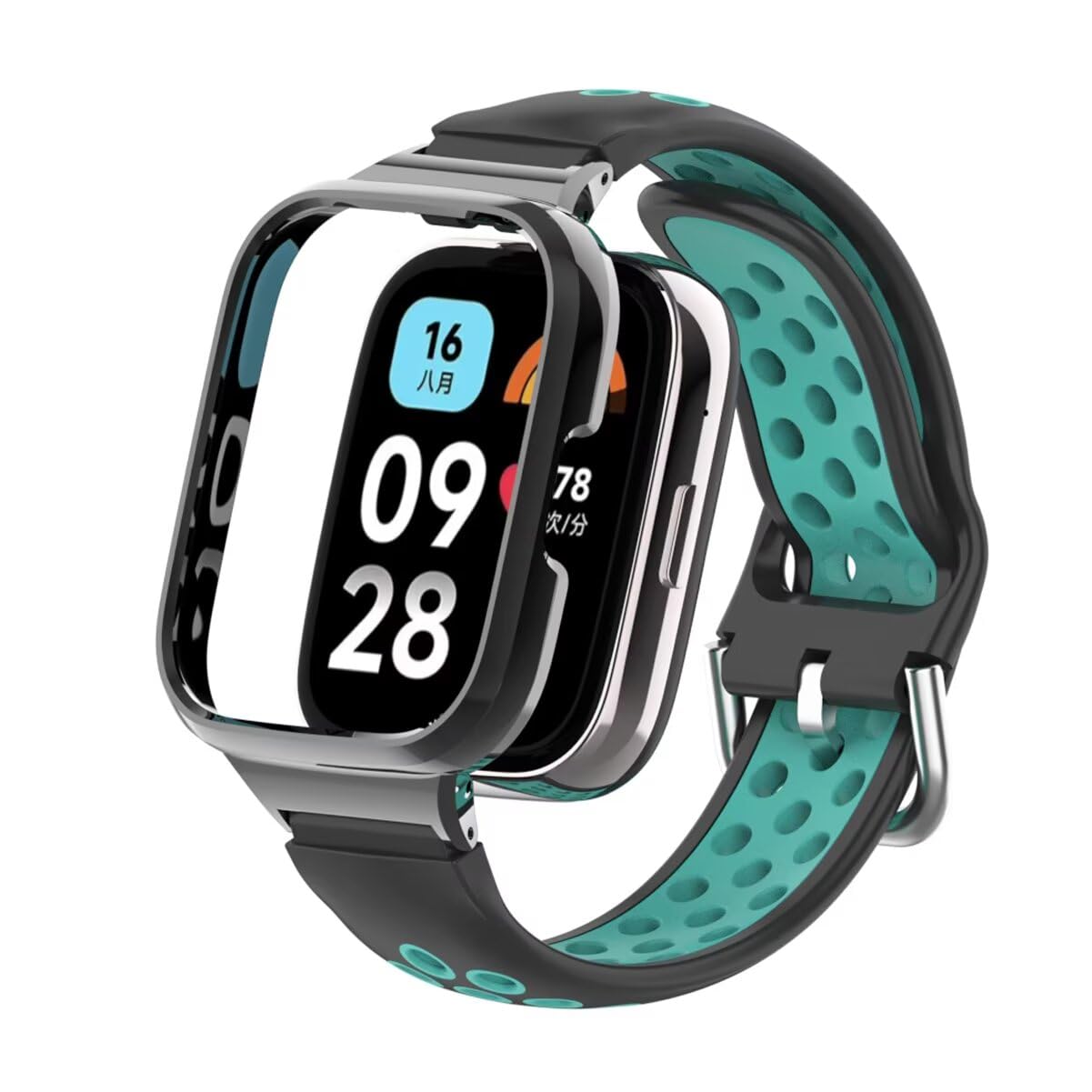 T-BLUER Strap Compatible with Xiaomi Redmi Watch 3 Active,Silicone Breathable two-color Watch Band Stainless Steel Metal Protective Frame Bracelet Accessories for Redmi Watch 3 Active Black Cyan