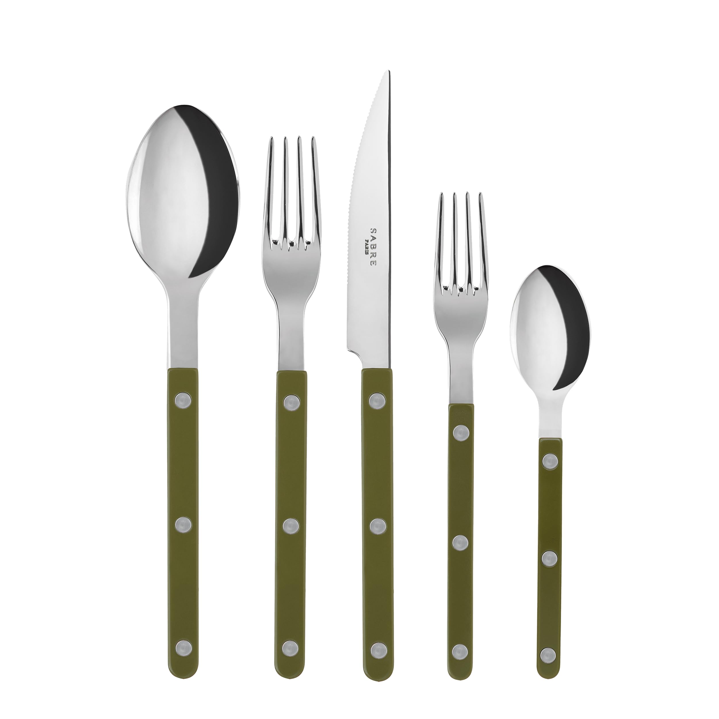 Photo 1 of SABRE PARIS - 5-Piece Flatware Set - Bistrot Collection - Knife, Fork, Soup Spoon, Teaspoon & Dessert Fork - Stainless Steel & Nylon - Dishwasher Safe - Fern Green - Brilliant Finish
