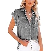chouyatou Women's Casual Distressed Button Down Sleeveless Denim Jean Shirt Tops
