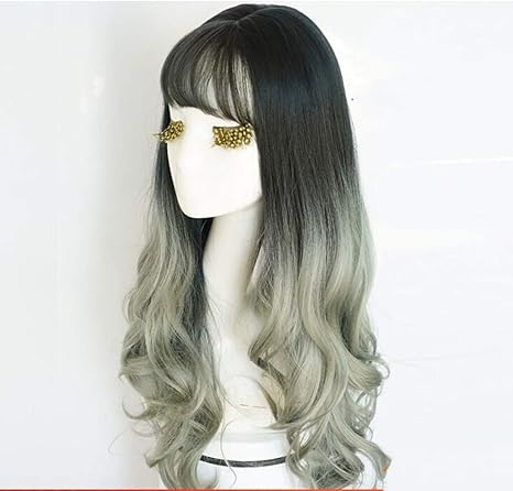 Amazon Co Jp レディースウィッグロングカーリーヘアービッグウェーブロングヘアーふわふわナチュラルウィッグブラックグラデーショングレー ホーム キッチン