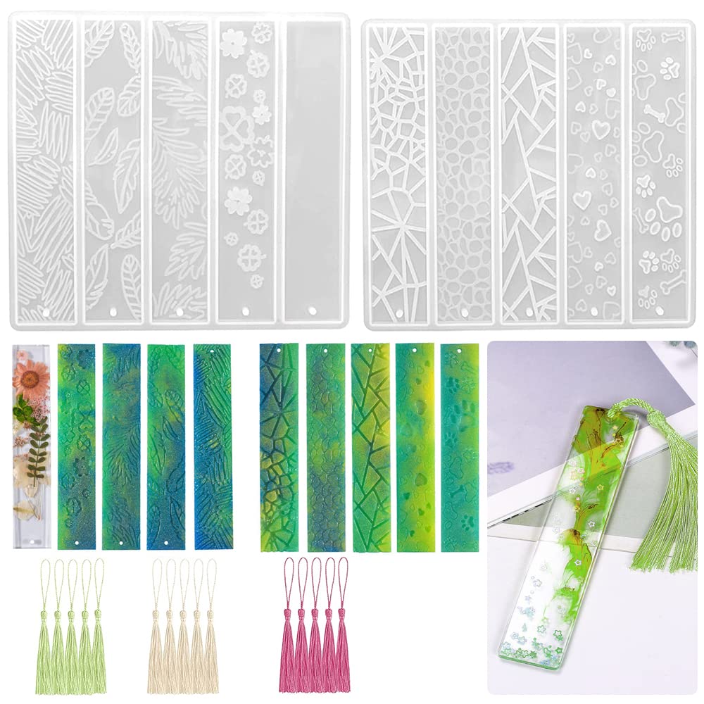 2 Pcs DIY Bookmark Resin Mold with 10 Different Design, Rectangle Silicone Bookmark Epoxy Resin Moulds with 15 Pieces Colorful Tassels for Bookmark Making Jewelry DIY Craft